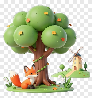 3D Fox Beside A Tree With A Windmill PNG