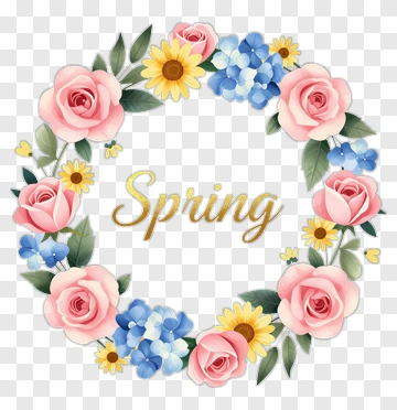 Spring Floral Wreath With Pink Roses And Blue Flowers PNG