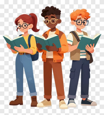 Cartoon Students Reading Books PNG