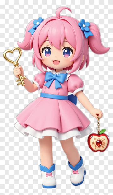 Cute Girl Holding A Key And Apple Charm PNG