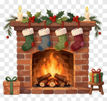 Christmas Fireplace With Stockings And Presents PNG