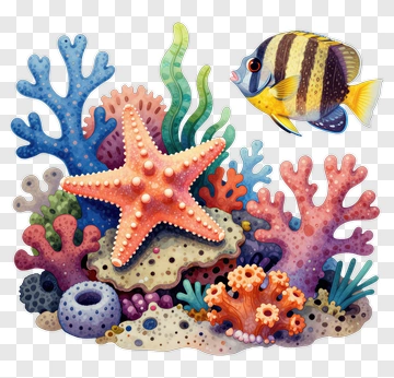 Colorful Coral Reef With Starfish And Tropical Fish PNG
