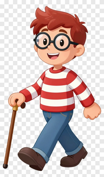 Cartoon Boy In Striped Shirt Holding A Cane PNG