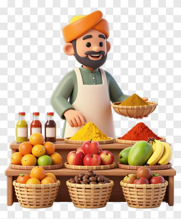 3D Shopkeeper With Fruits And Spices At Market Stall PNG