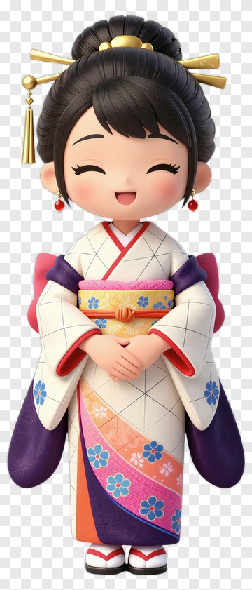 Cartoon Girl In Kimono Smiling PNG