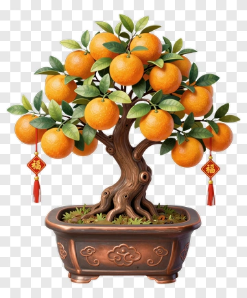 Colorful Orange Tree In A Decorative Pot PNG