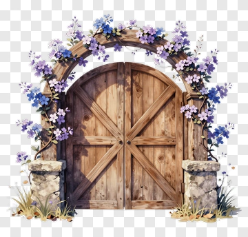 Wooden Garden Gate With Flowers PNG