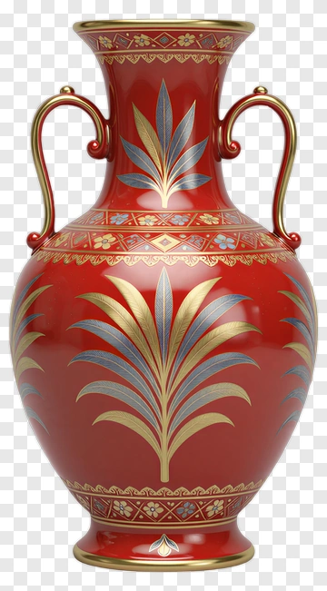Decorative Red Vase With Floral Design PNG