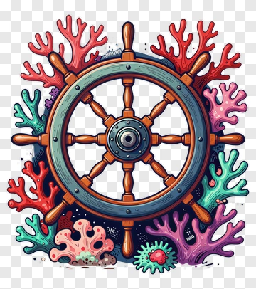 Colorful Ship Wheel Surrounded By Coral PNG