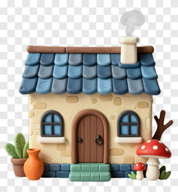 Colorful Clay House With Plants And Mushrooms PNG