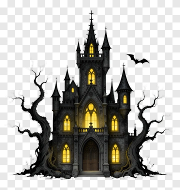 Haunted Castle With Bats And Gnarled Trees PNG