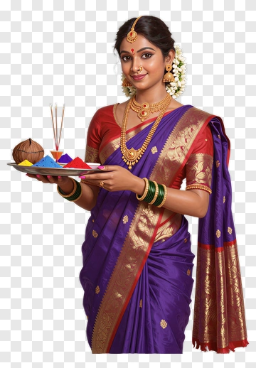 Woman In Traditional Saree Holding A Puja Plate PNG