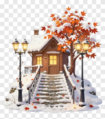 Cozy House Surrounded By Autumn Leaves And Snow PNG