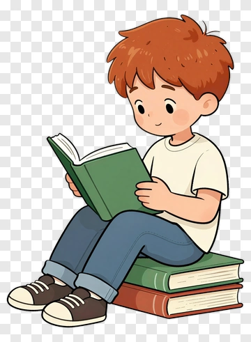Cartoon Boy Reading A Book On Stacked Textbooks PNG