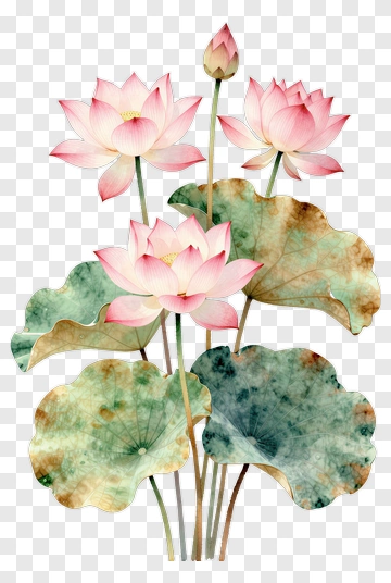 Watercolor Lotus Flowers With Leaves PNG