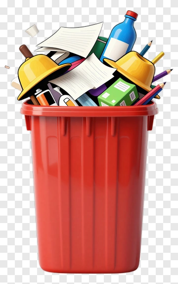 Red Trash Can Filled With Various Items PNG