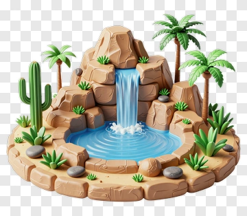 3D Waterfall With Rocks And Palm Trees PNG