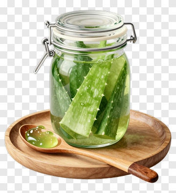 Aloe Vera In Glass Jar With Wooden Spoon PNG