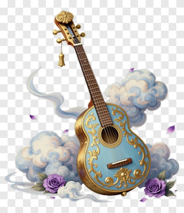 Decorative Blue Guitar With Clouds And Roses PNG