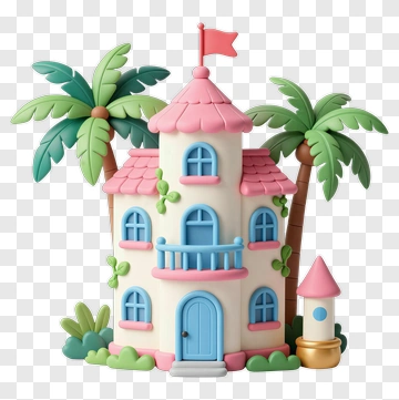 Colorful Plastic Toy House With Palm Trees PNG
