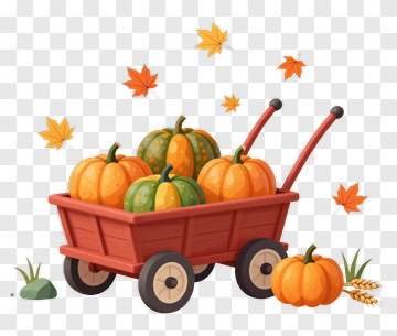 Pumpkin Cart With Autumn Leaves PNG