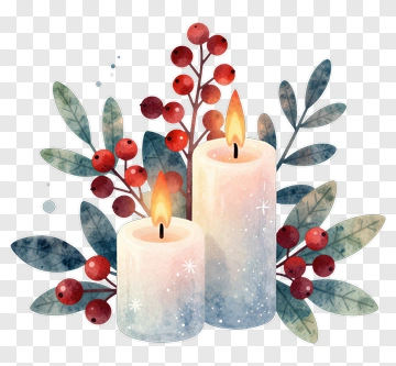 Watercolor Candles With Berries And Greenery PNG