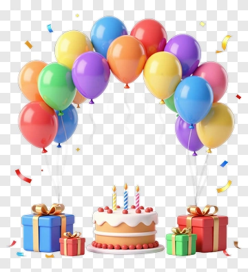 Colorful Birthday Cake Surrounded By Balloons And Gifts PNG