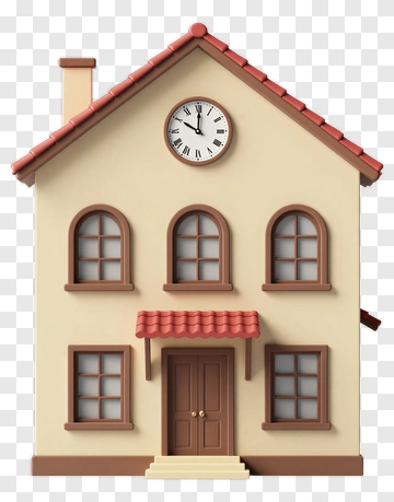 3D House With Clock And Brown Trim PNG