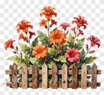 Colorful Flower Arrangement With Wooden Fence PNG