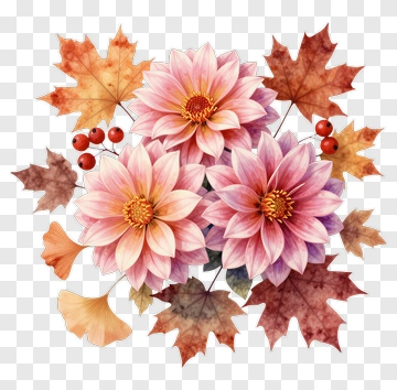 Colorful Floral Bouquet With Autumn Leaves PNG