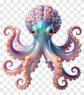 Colorful Octopus With Brain-Like Head PNG