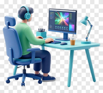 3D Gamer Working At A Computer Desk PNG