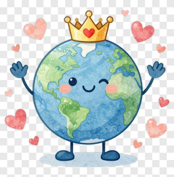 Cartoon Earth With Crown And Hearts PNG