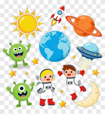 Cartoon Space Adventure With Astronauts And Aliens PNG