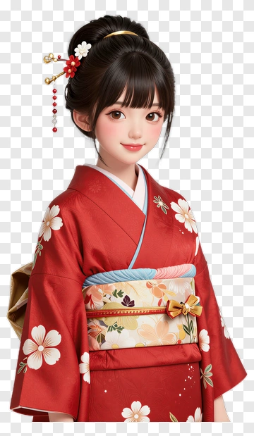 Young Woman In A Red Kimono With Floral Patterns PNG