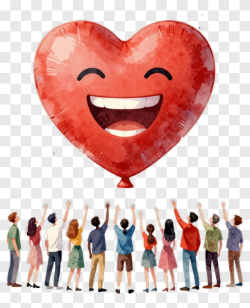 Happy People Reaching For A Smiling Heart Balloon PNG