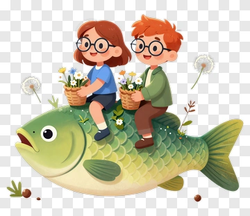 Children Riding A Cartoon Fish With Flower Baskets PNG