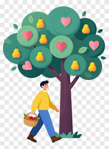 Cartoon Man Walking With A Basket Under A Pear Tree PNG