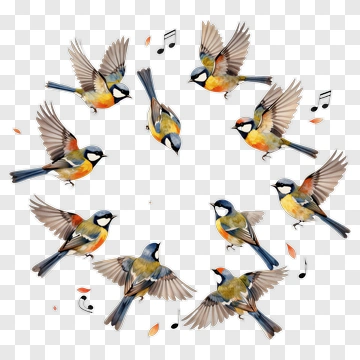 Colorful Birds In Flight With Musical Notes PNG