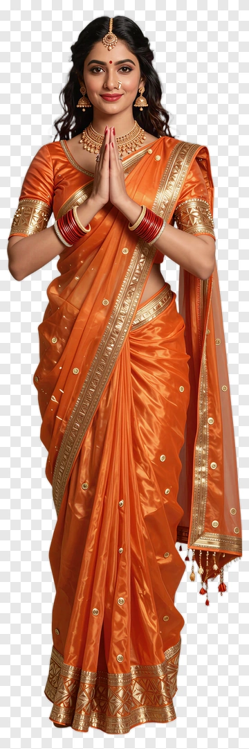 Woman In Orange Saree With Traditional Jewelry PNG