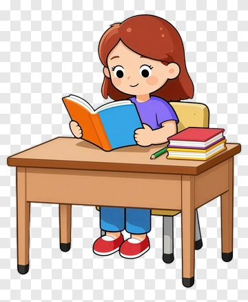 Cartoon Girl Reading A Book At A Desk PNG