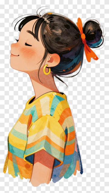 Cartoon Girl Smiling In Colorful Striped Shirt PNG