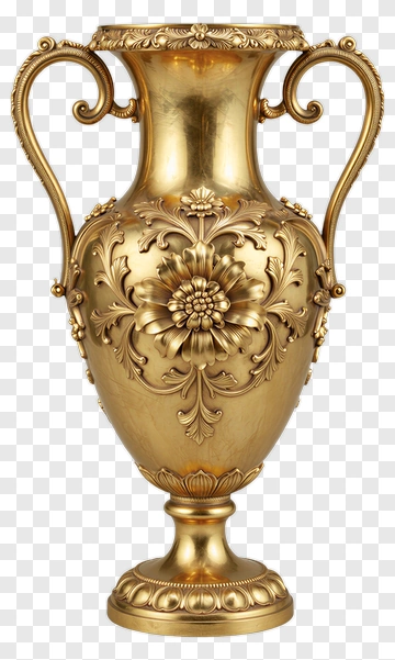 Golden Decorative Vase With Floral Design PNG