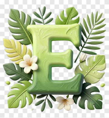 Green Letter E Surrounded By Tropical Leaves And Flowers PNG