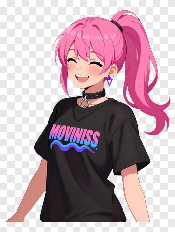 Smiling Anime Girl With Pink Hair Wearing A Black T-Shirt PNG