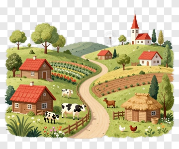 Colorful Farm Landscape With Cows And Houses PNG