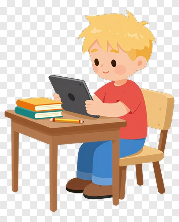 Cartoon Boy Using A Tablet At A Desk PNG