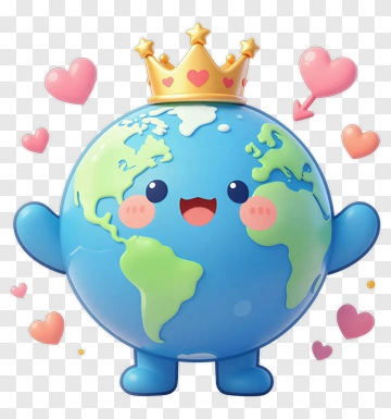 Cartoon Earth Character With Crown And Hearts PNG