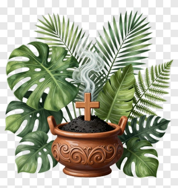 Ceramic Pot With Smoke And Cross Among Tropical Leaves PNG