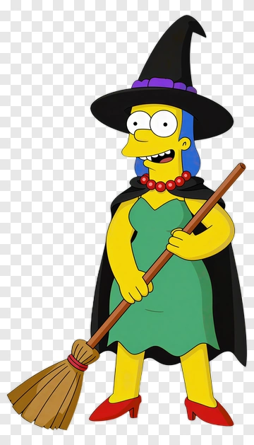 Cartoon Witch Holding A Broomstick PNG